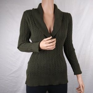Eddie Bauer Olive Green Cable Knit Sweater Sz M Cotton Blend
